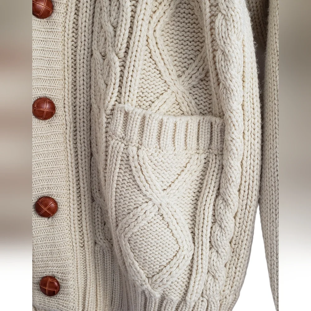 Oakton Limited 90s Chunky Cable Knit Cable Cardigan Sweater Beige Sz M Grandpa
